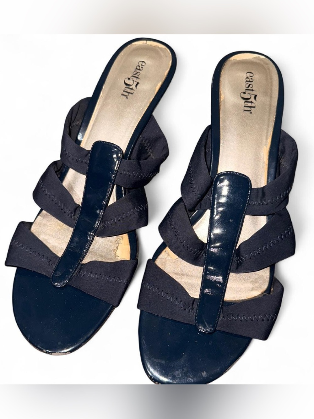 Easy Spirit Navy Patent T-Strap Slide Sandals - Women's